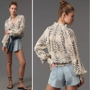 Anthropologie Porridge Ines Textured Peasant Blouse Cream Black Size Small